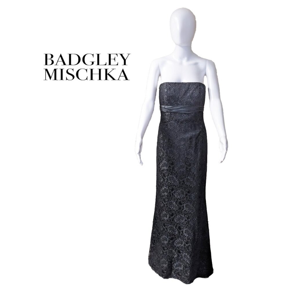 BADGLEY MISCHKA Black Lace Silk Strapless Gown